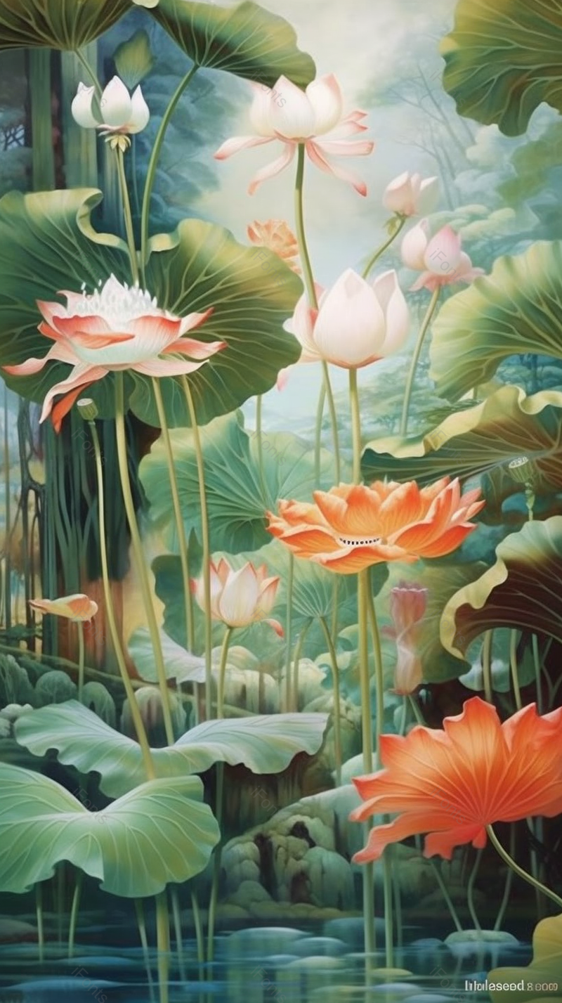 唯美夏天夏至荷花盛开开花荷叶植物水面户外景色自然插画,插画/手绘图,插画/手绘图库,插画/手绘图下载,插画/手绘